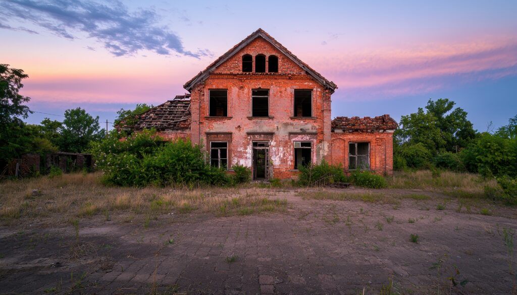Vacant Brick house showing deterioration from prolonged neglect
