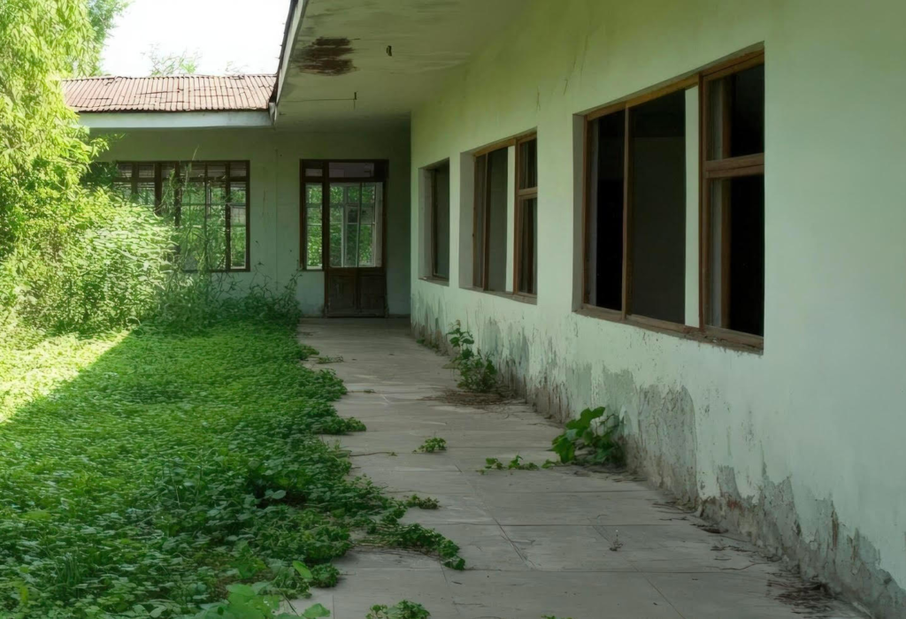 Overgrown vacant property exterior showing deterioration caused by neglect and lack of property preservation.