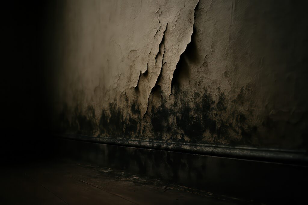 Water damage and peeling paint caused by deferred maintenance in a vacant property.