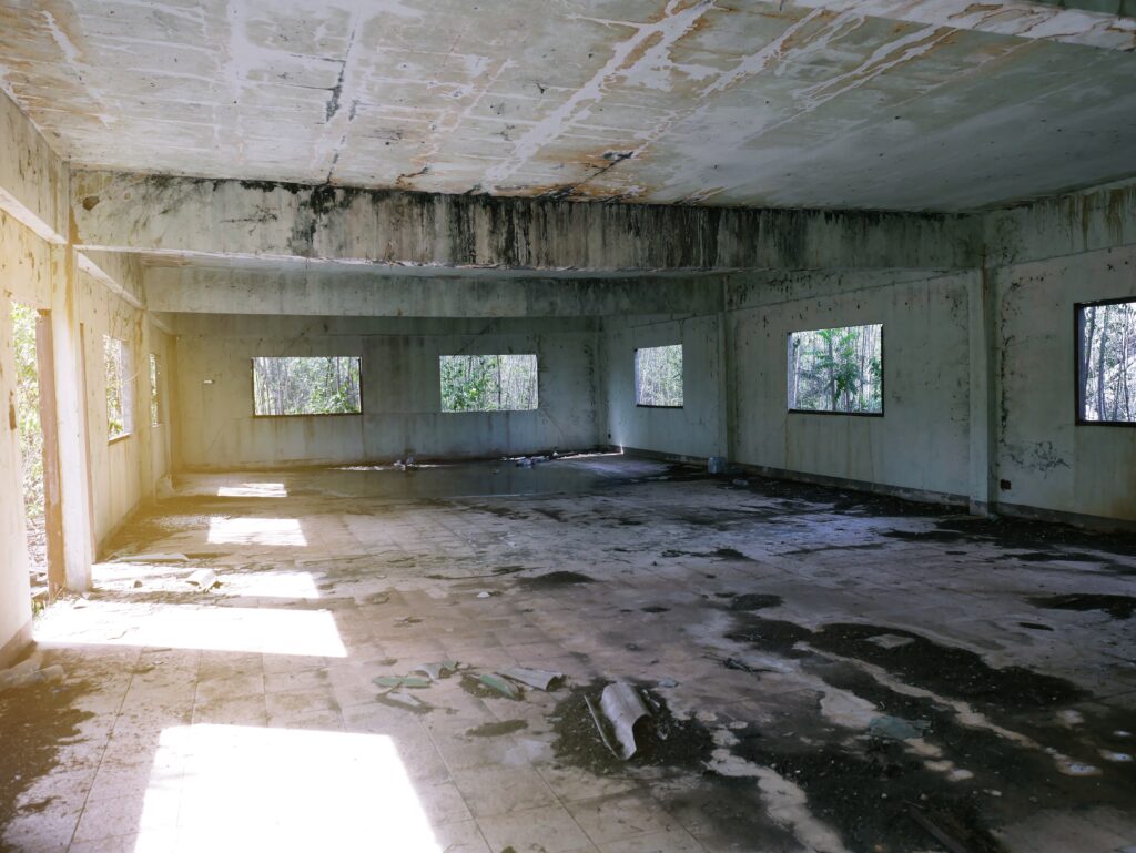 Interior of a distressed vacant property showing structural damage, water intrusion, and deterioration used to evaluate real estate investment risk.