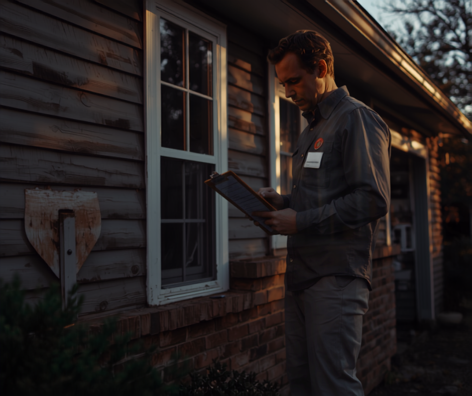 Property inspector documenting the exterior condition of the property of a residential home during a property preservation inspection before renovation.