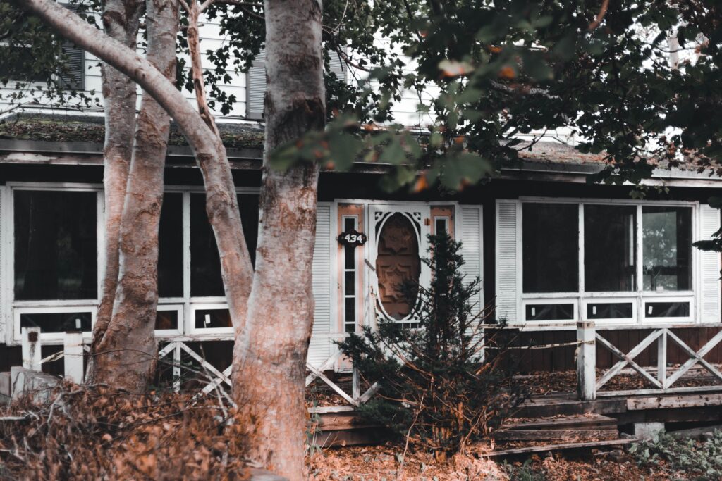 A weathered vacant house partially hidden behind mature trees, illustrating how hidden property issues may not be visible during an initial inspection.