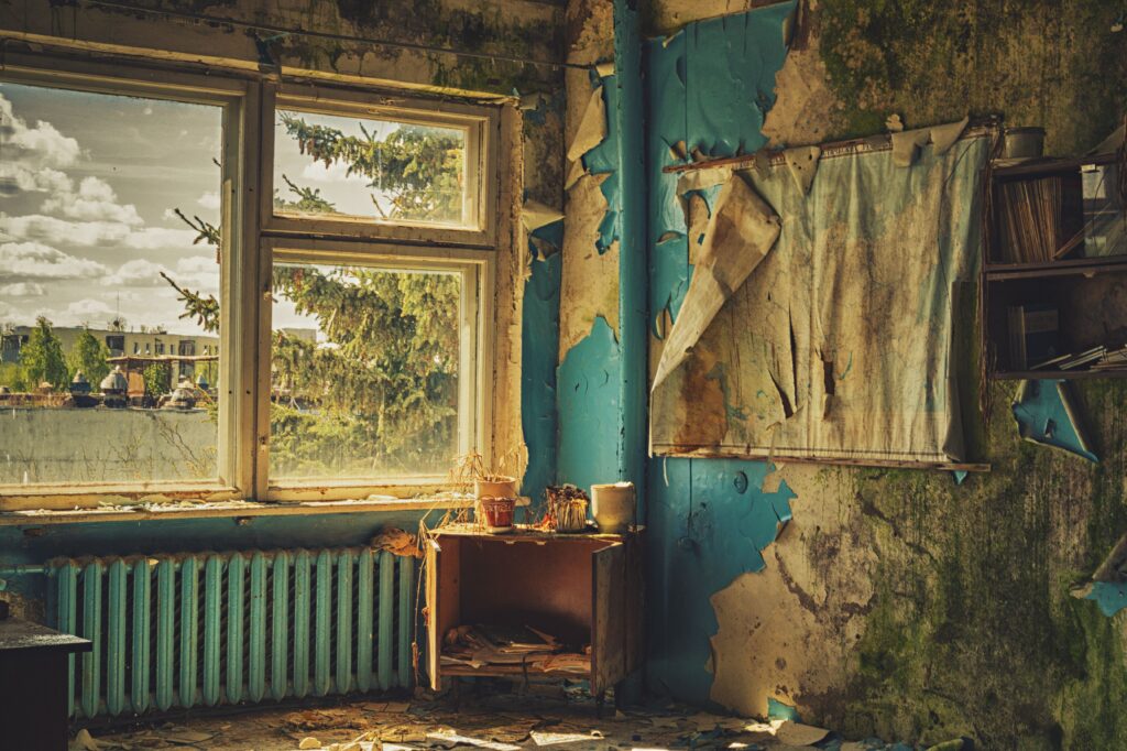Interior wall of a distressed property showing peeling paint, heavy staining, and visible moisture-related deterioration around a window.